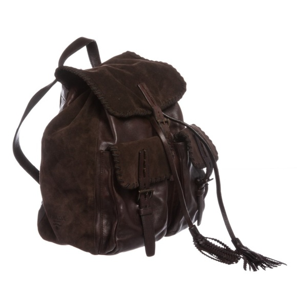 Prada Brown Suede Leather Drawstring Backpack - Picture 2 of 6